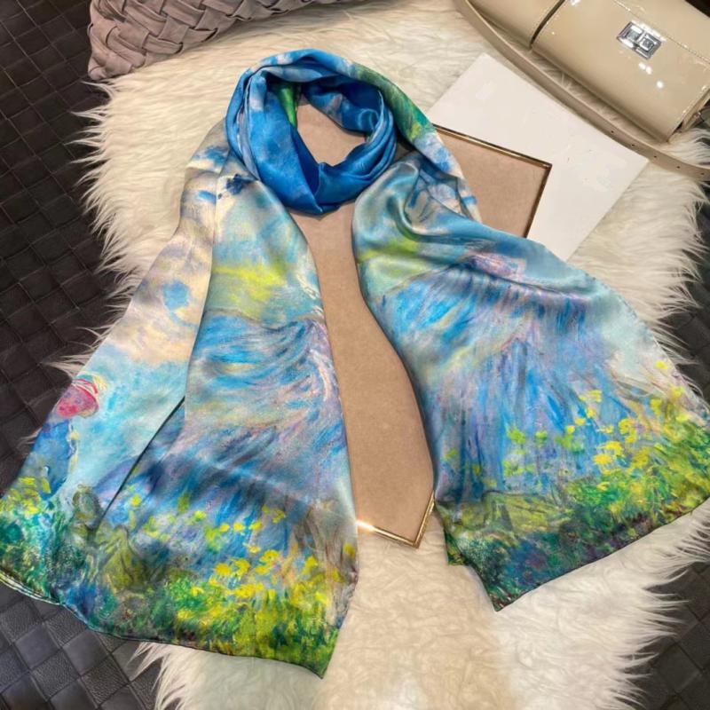 Scarf 100% Silk Blue Green Flower